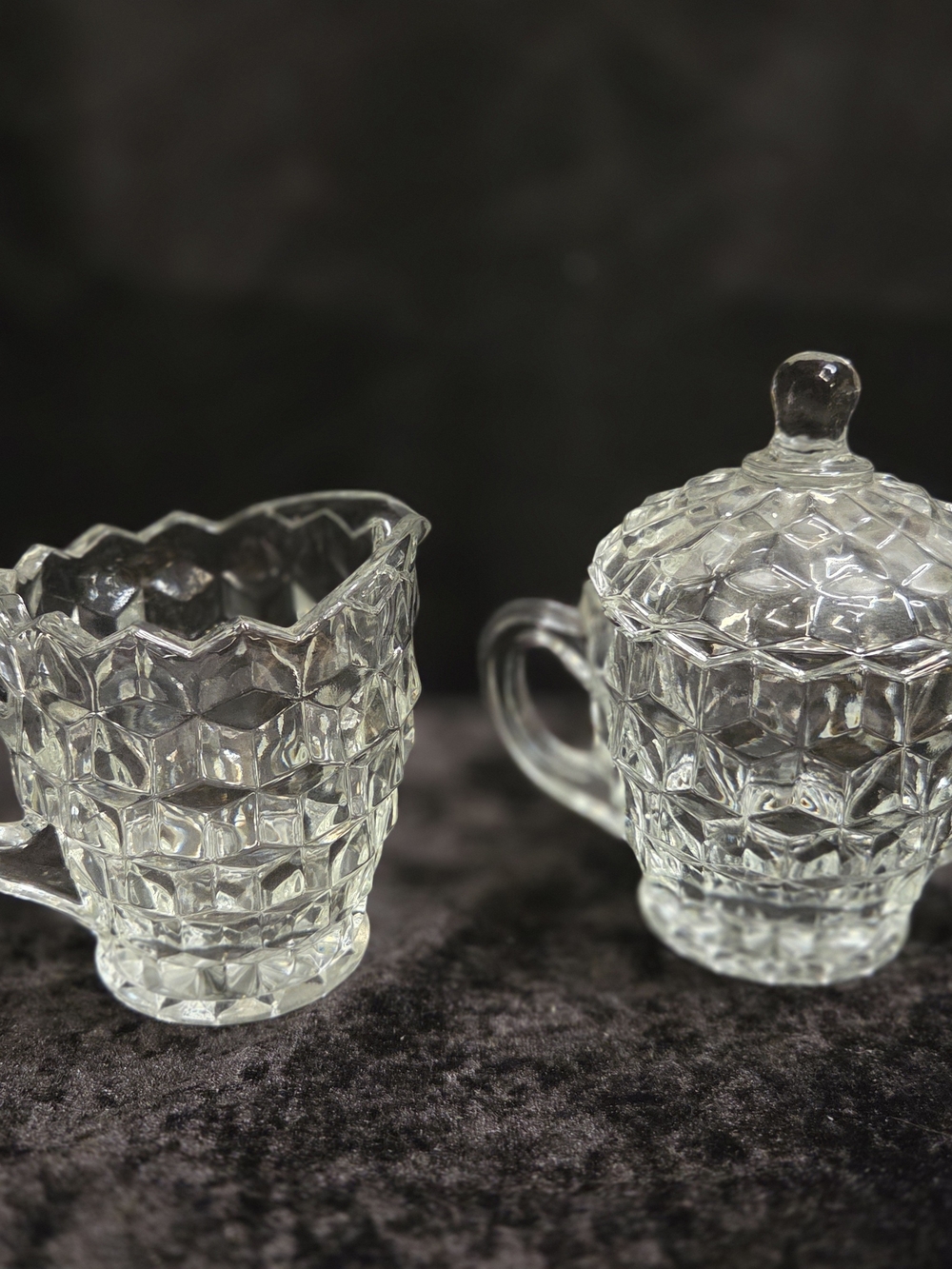 Vintage Set Fortona American Clear Creamer and Sugar With 2 Handles and Lid